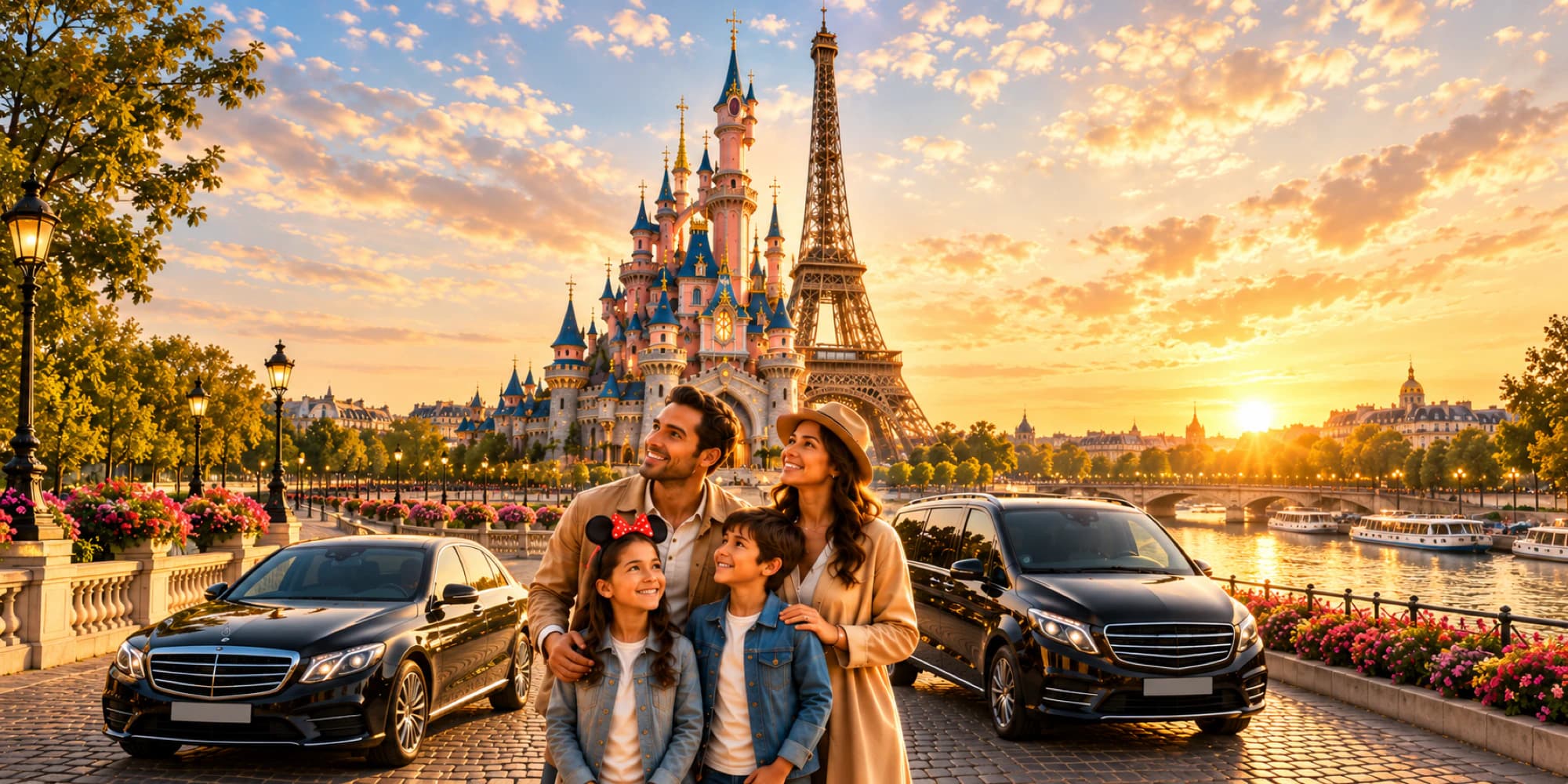 Famille arrivant à Disneyland Paris après un transfert privé depuis l'aéroport